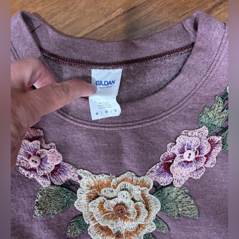 Vintage 80/90s Sweatshirt Floral Appliqué Trim Heathered Mauve SZ: M-L - Picture 5 of 6
